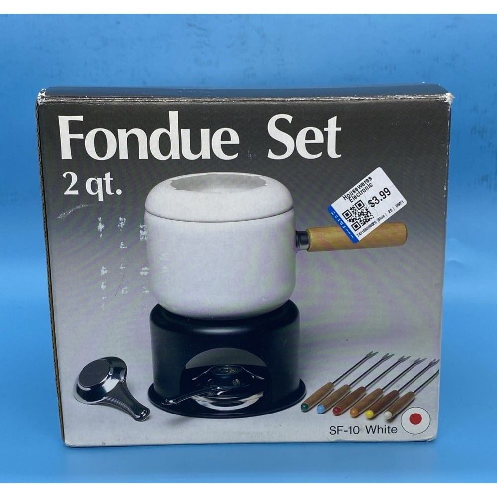 VTG 2 Qt White Fondue Set SF-10 Metal/Wood for Cheese & Meat w/Forks New OpenBox